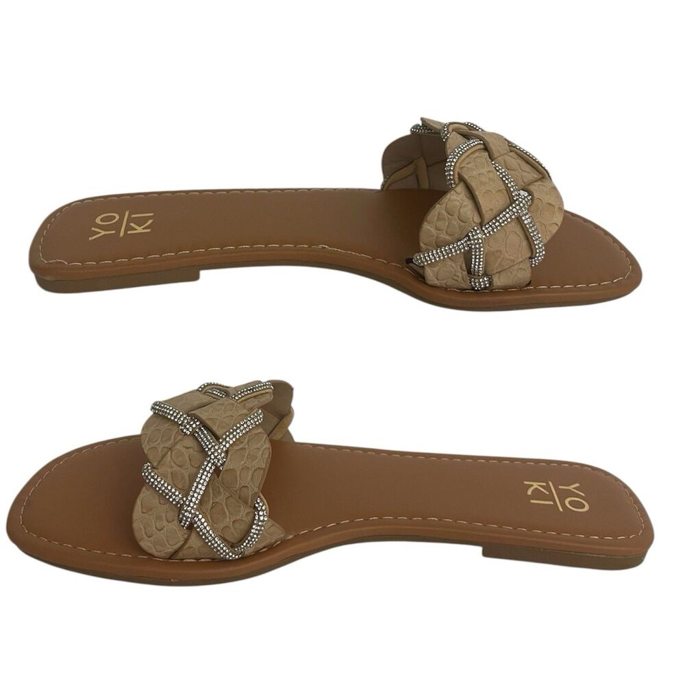 NIB Yoki Alabama-20 Beige Braided Rhinestone Slide Sandals Women's Size 8.5 Flat